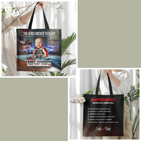Personalized Baby Thor Superhero Tote Bag – Custom Photo, Name & Funny Message for Mom